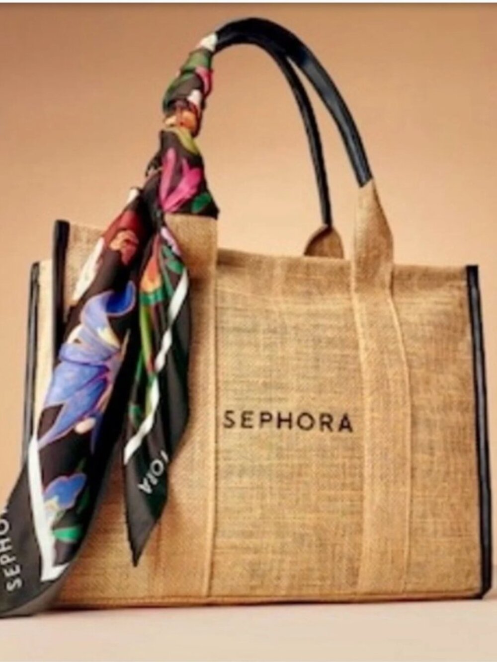 Sephora Natural Jute Tote with Black Handles and Multicolor Scarf